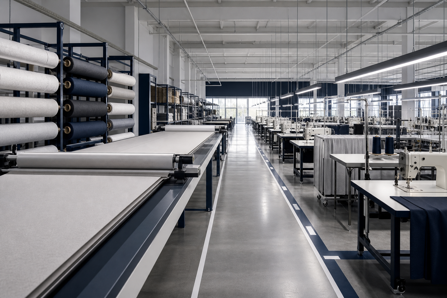 Orderly curtain production workshop with long cutting tables, sewing stations, and aligned material flow