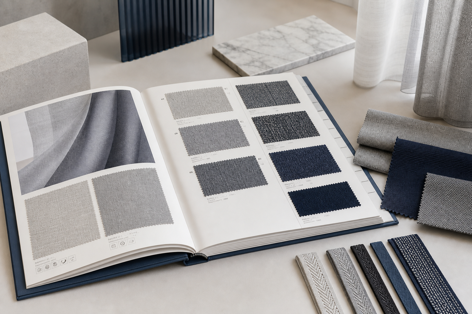 Premium curtain textile swatch book with multiple weave options and technical labels opened on a light gray table