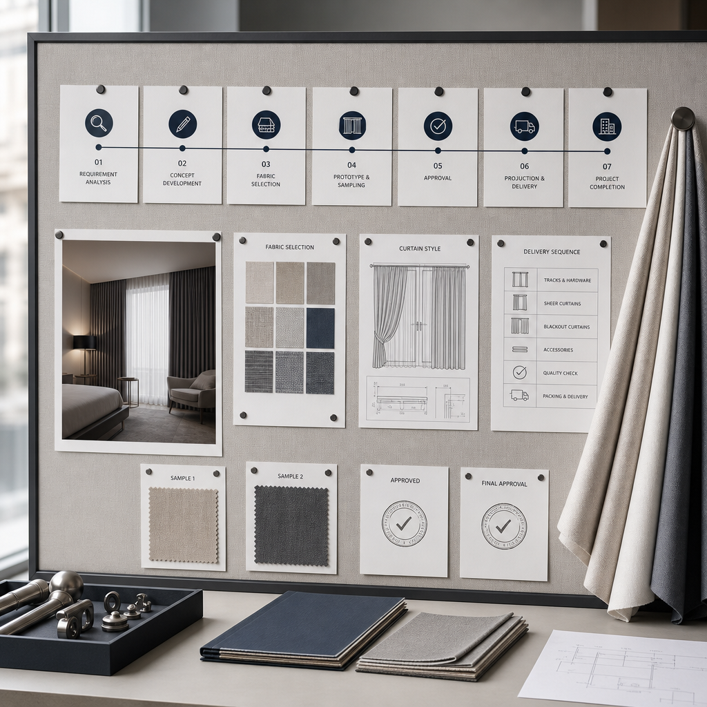 Project timeline board with curtain package milestones, sample approvals, and installation schedule markers