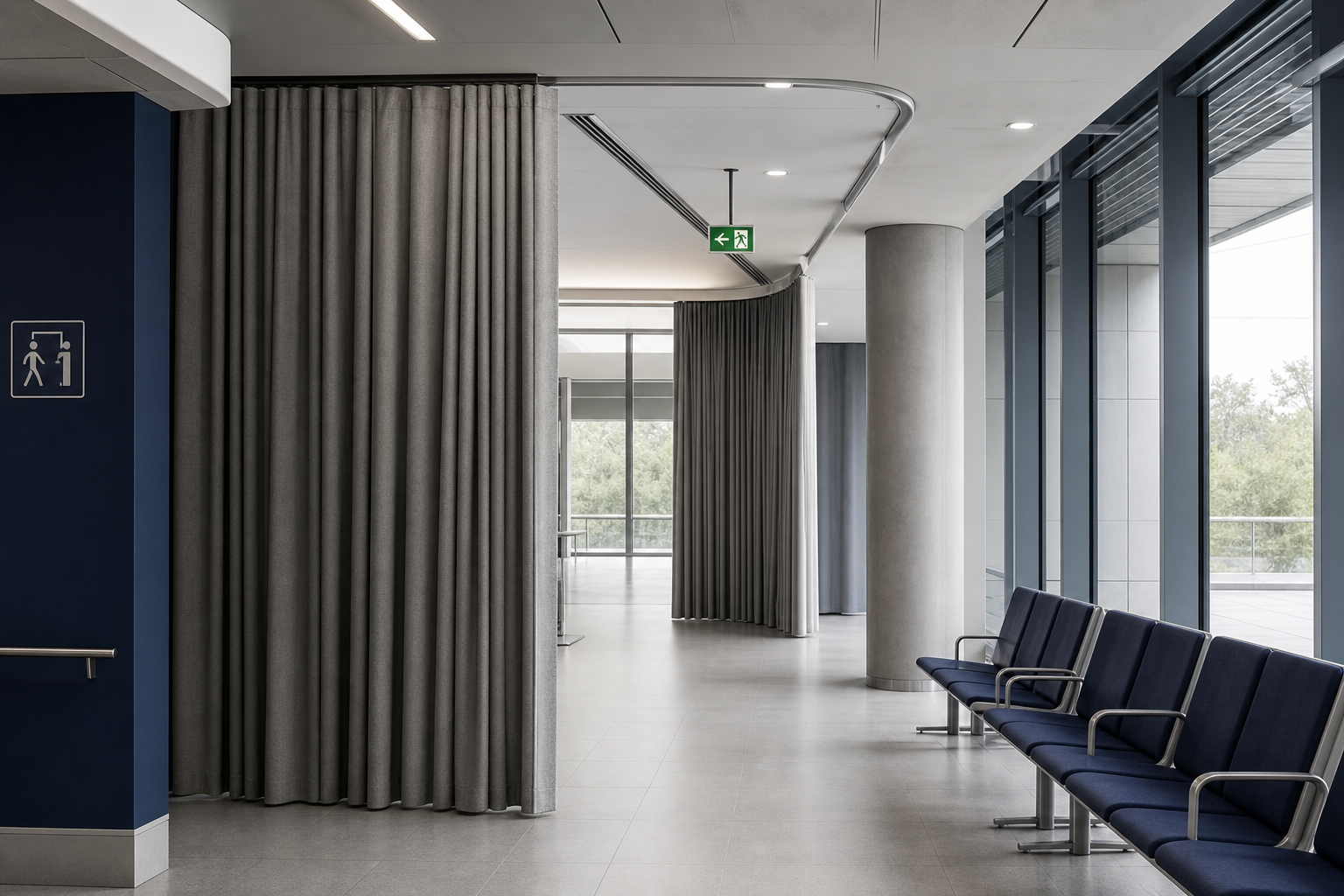 Transit or civic public space with durable curtains designed for safety and easy maintenance