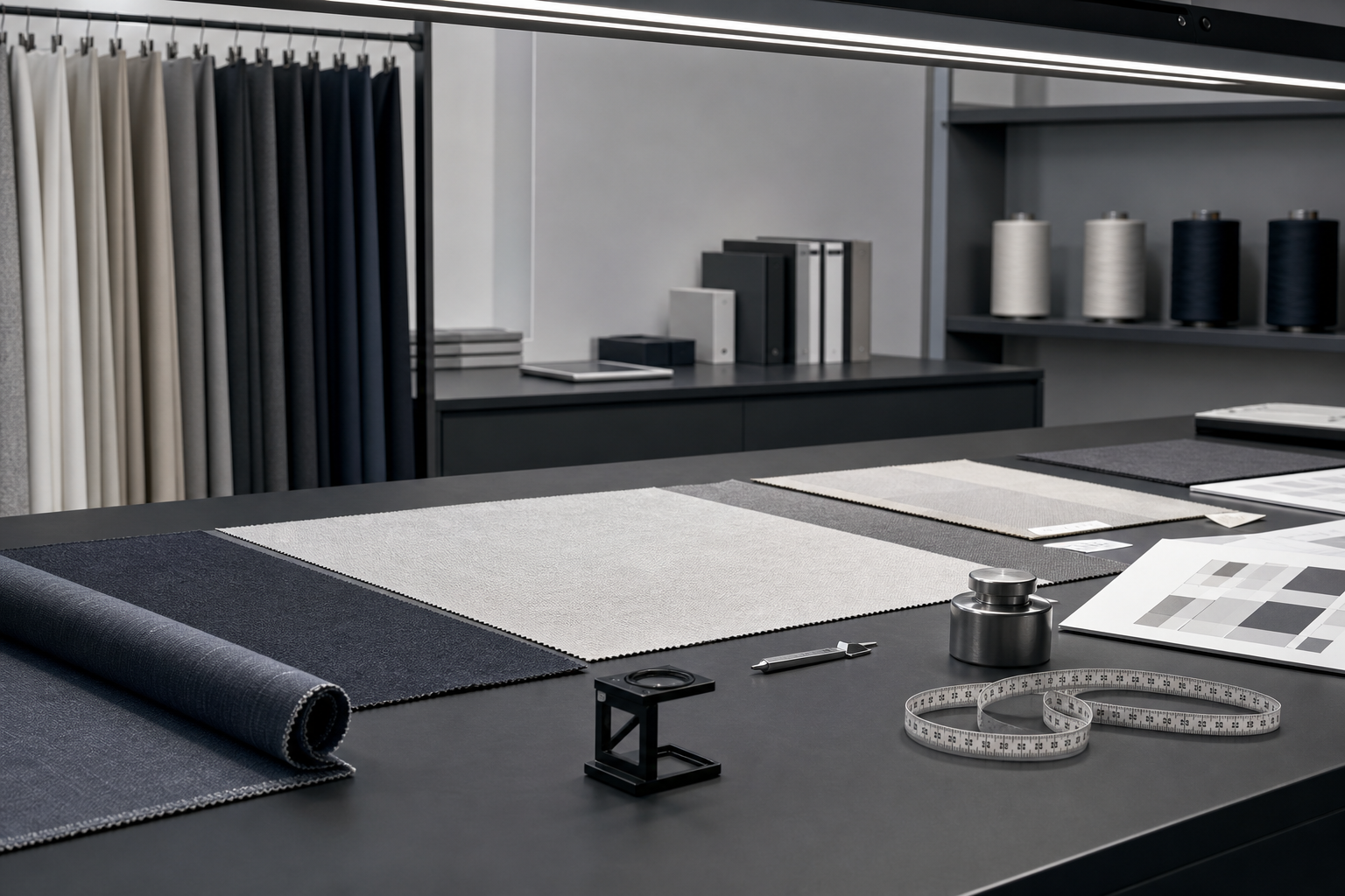 Quality inspection desk with calibrated lighting, fabric samples, and measurement tools