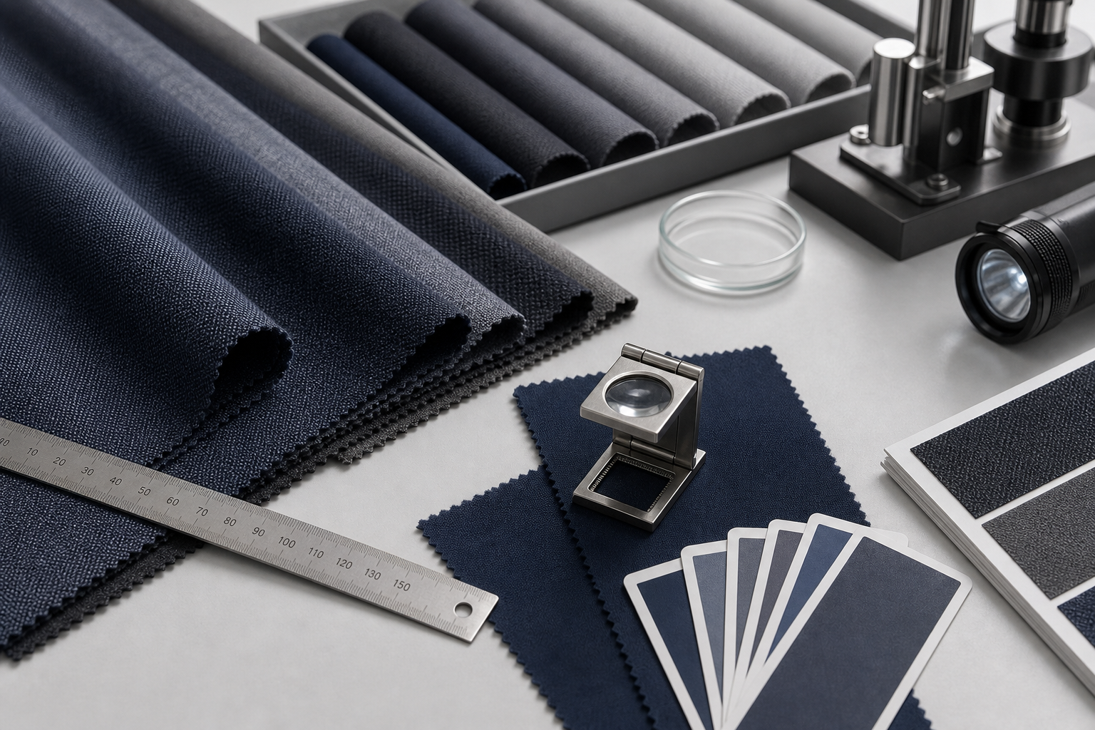 Technical fabric quality lab bench with test swatches, measuring ruler, and inspection tools arranged neatly