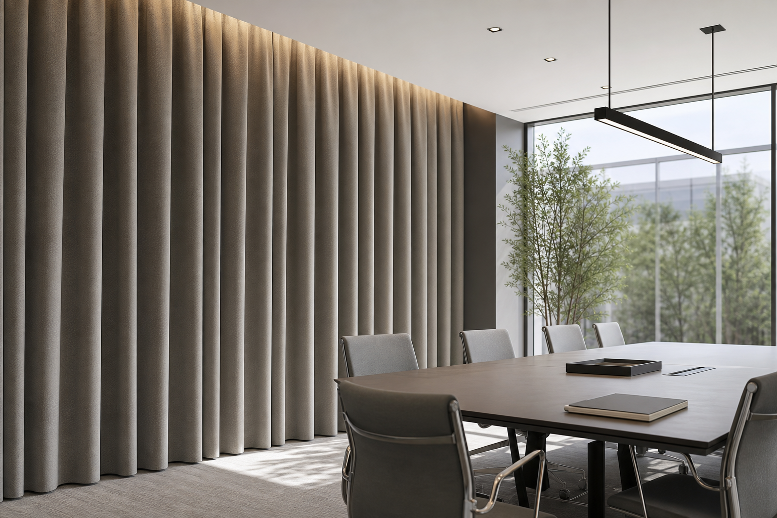 Quiet meeting room with acoustic curtains softening sound in a contemporary workspace
