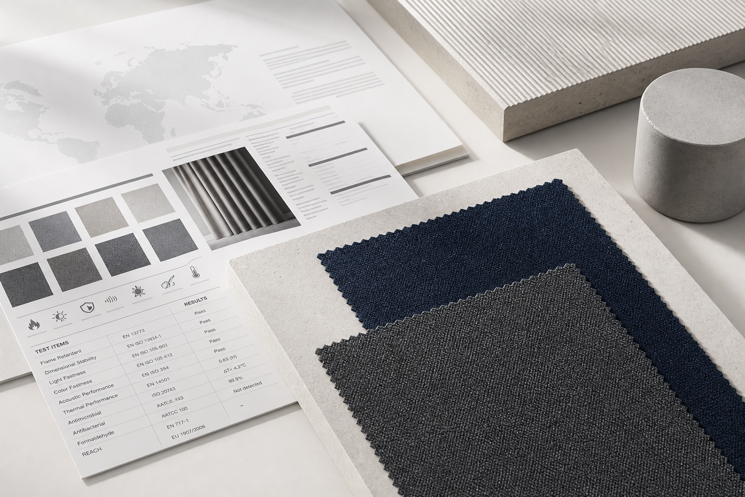 Neatly arranged curtain textile specification sheets with sample swatches in deep navy and gray on a clean architectural desk