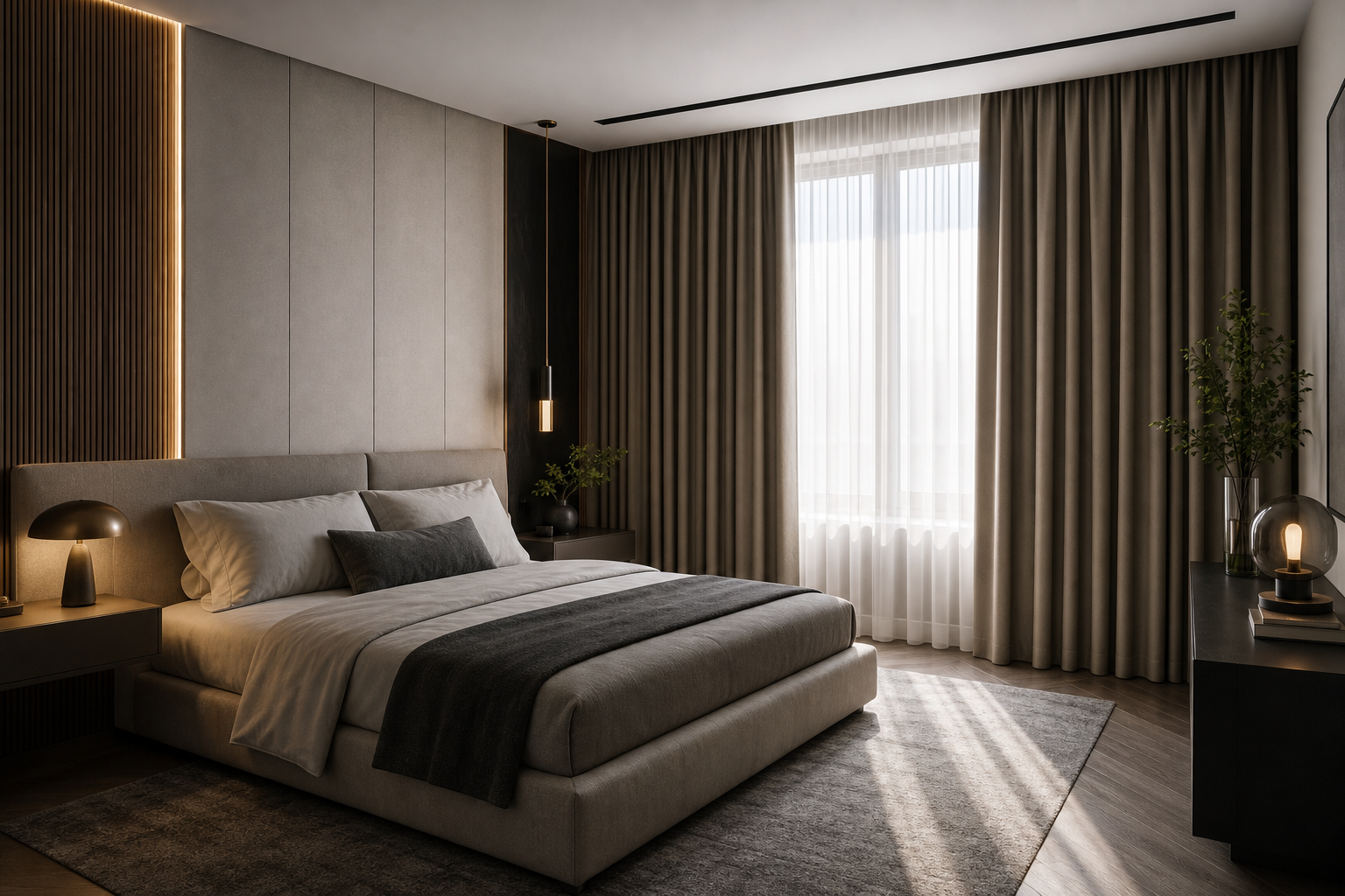 Modern residential bedroom with layered blackout curtains, warm neutral palette, and controlled morning light