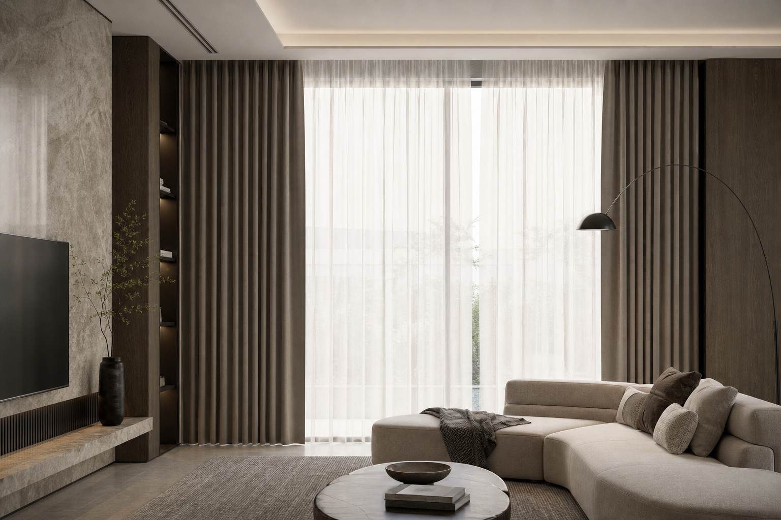 Premium residential living room with layered sheer and blackout curtains in a calm neutral palette