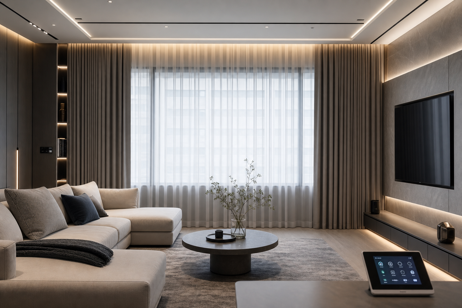 Elegant residential living room with custom drapery and smart home lighting