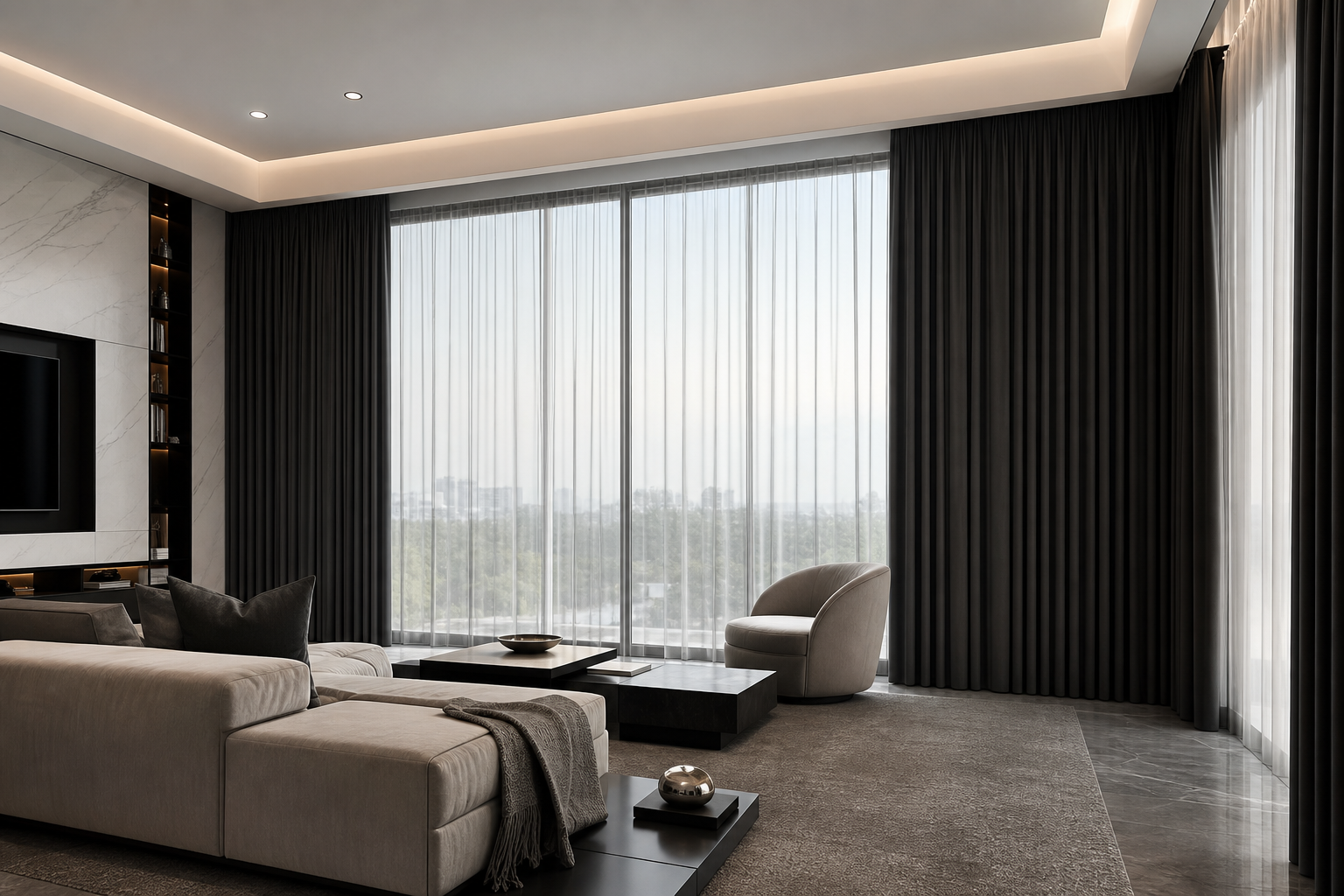 High-end residential living room with elegant blackout drapery and automated curtain track system