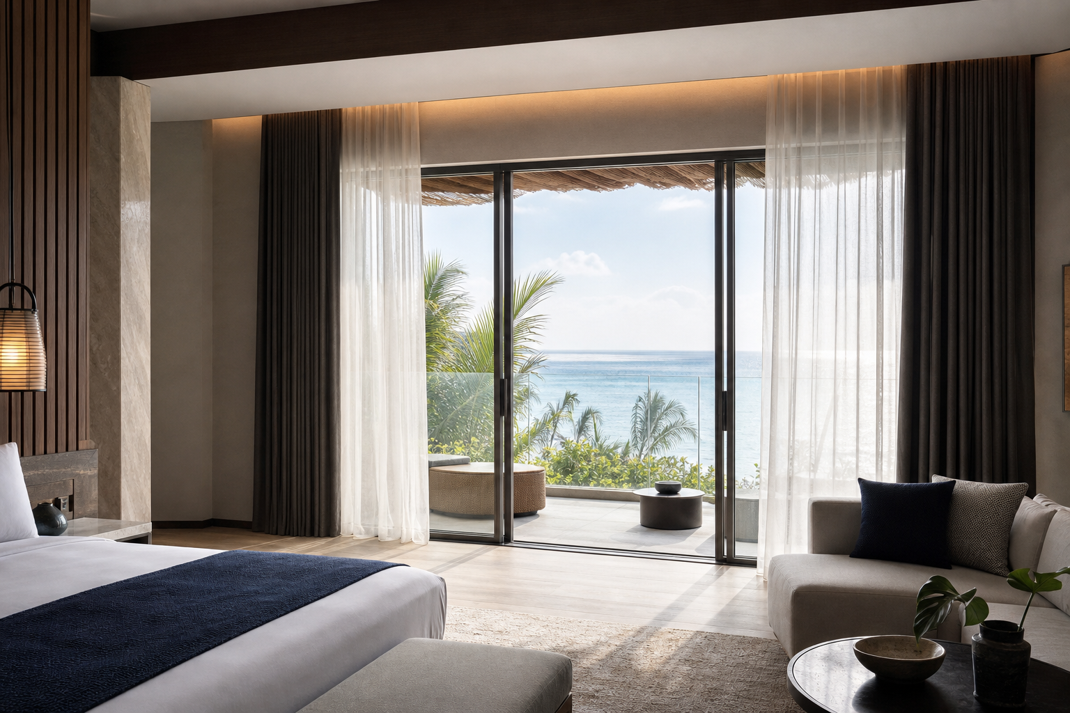 Luxury resort suite interior with layered curtains and balcony doors