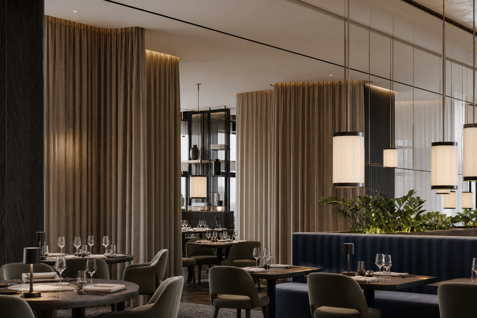 Refined restaurant interior using curtains to soften acoustics and shape a warm private dining atmosphere