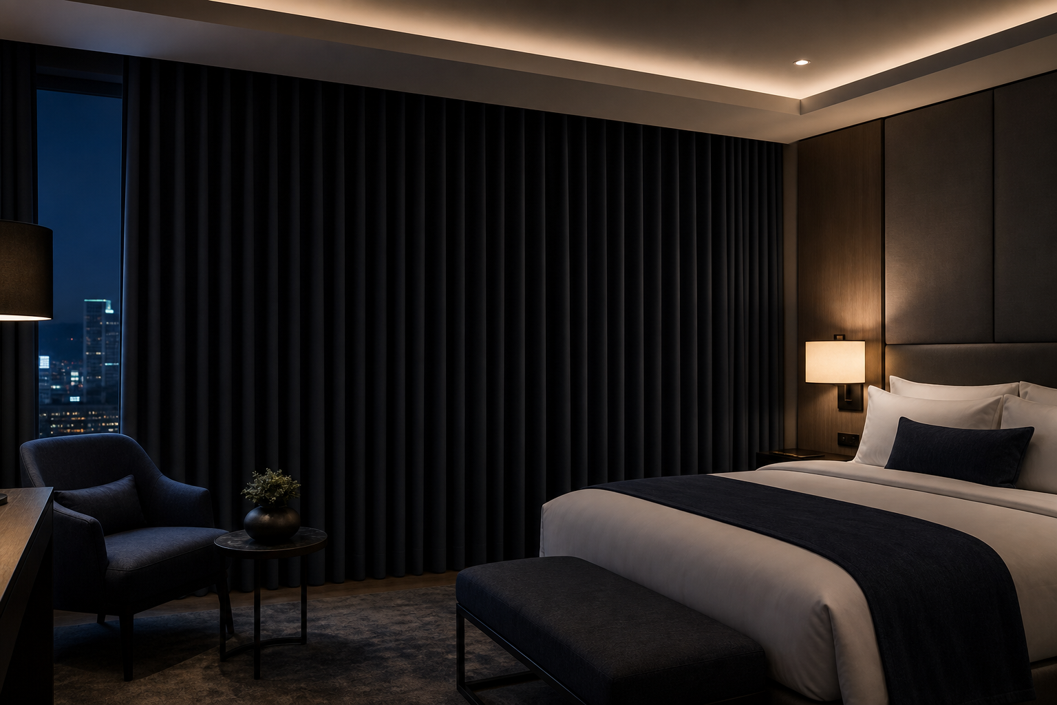 Darkened luxury guest suite with blackout curtains creating a calm, restful night environment