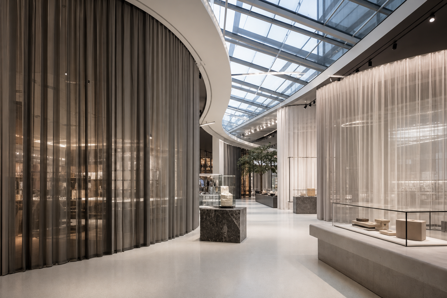 Large retail and public atrium space with custom textile installations and branded curtain zoning