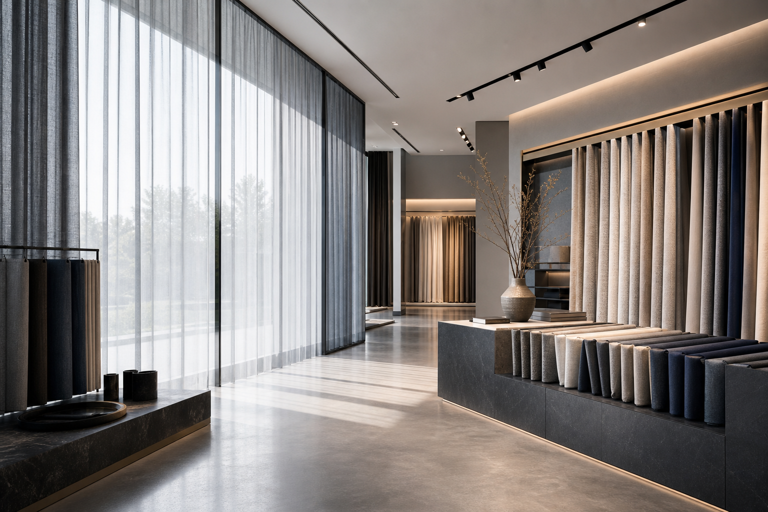 Premium retail showroom with UV-control curtains enhancing brand ambience and visual comfort
