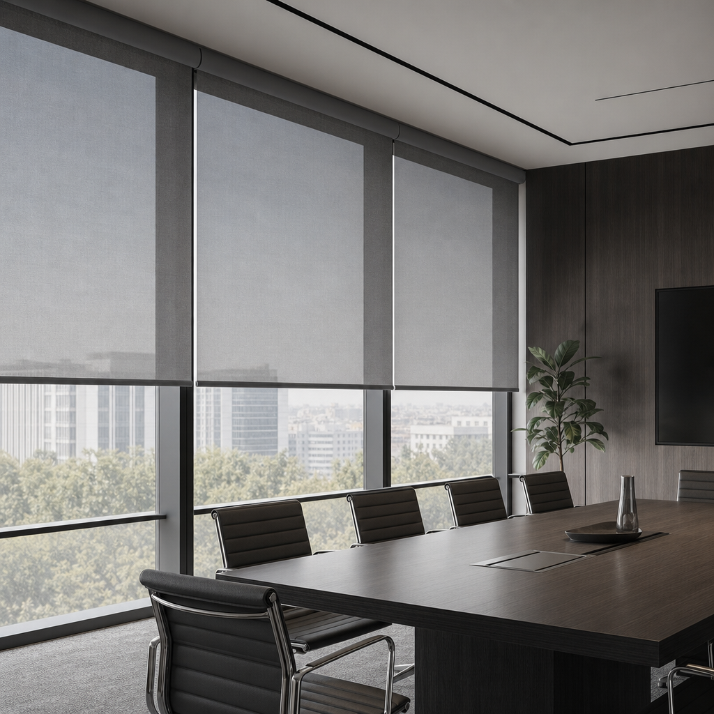 Modern commercial office interior with roller blinds controlling daylight across windows