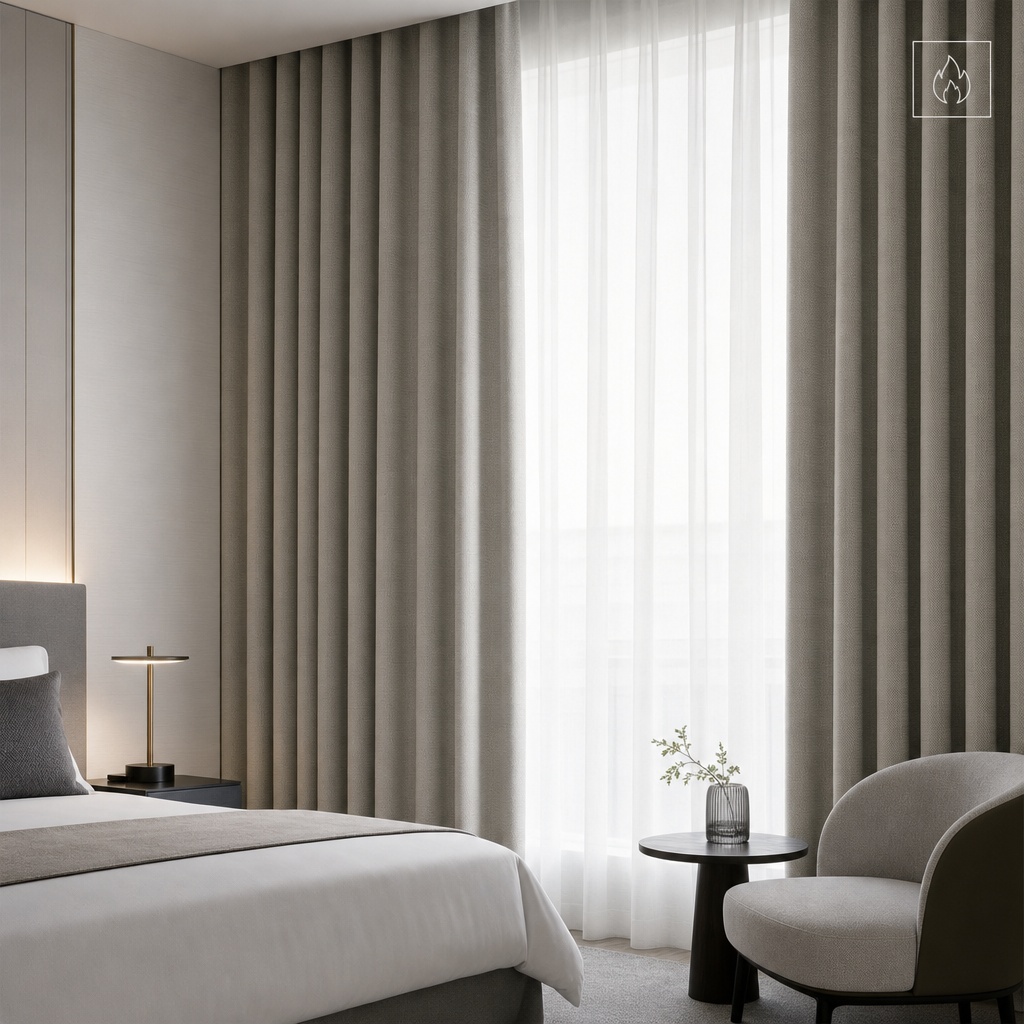 Minimal luxury guest room with soft neutral curtains, ample negative space, and a refined fire-safety symbol subtly integrated into the calm composition
