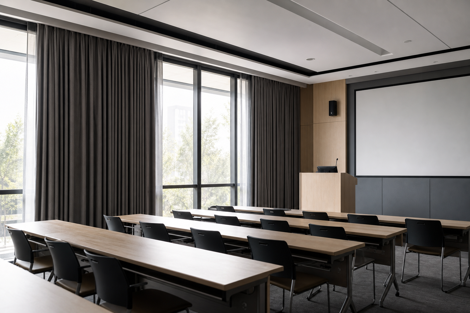 Modern classroom with functional curtains supporting glare control and improved acoustic comfort