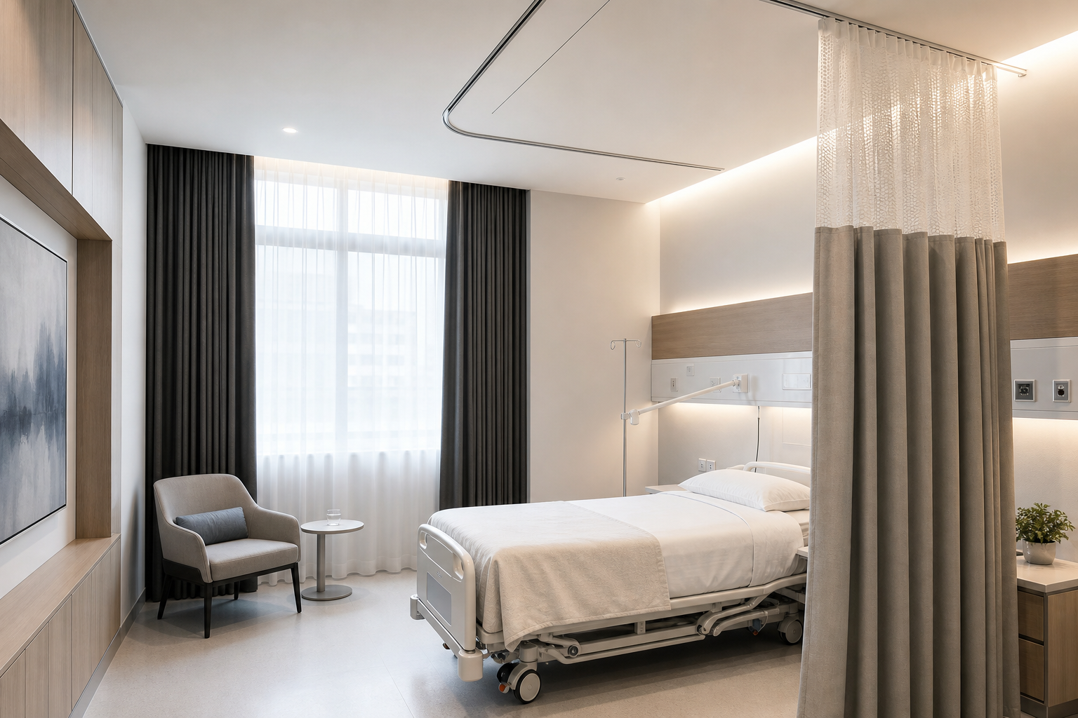 Private recovery room in a healthcare facility with clean-lined blackout curtains