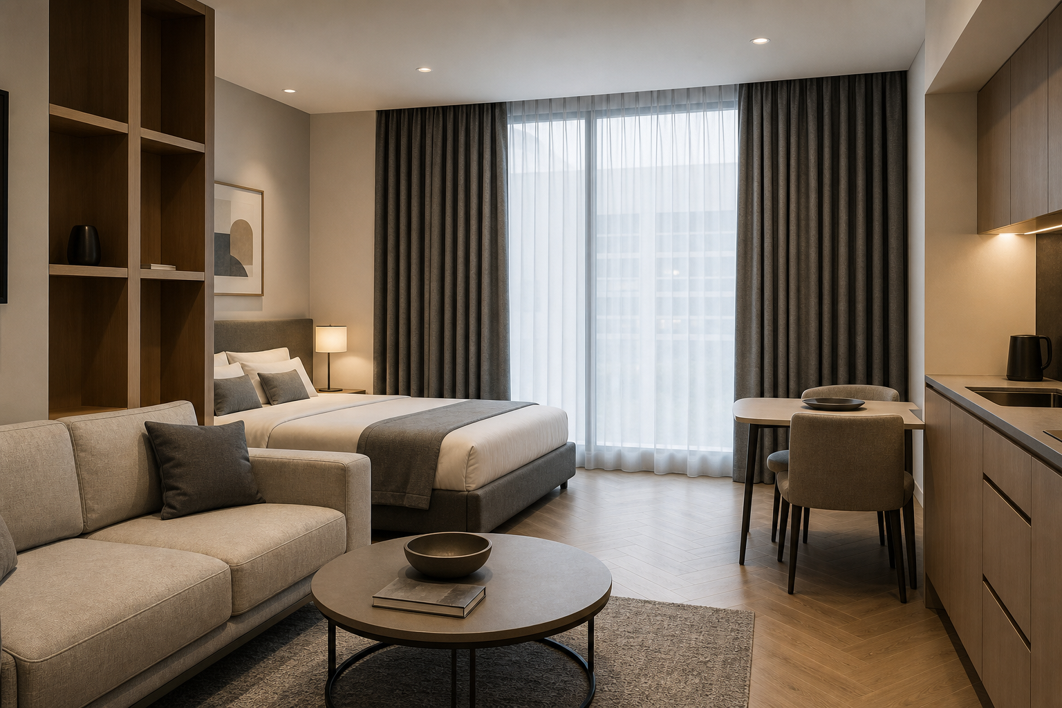 Serviced apartment living and sleeping zone with functional blackout curtains, compact premium furnishing, and clean contemporary styling
