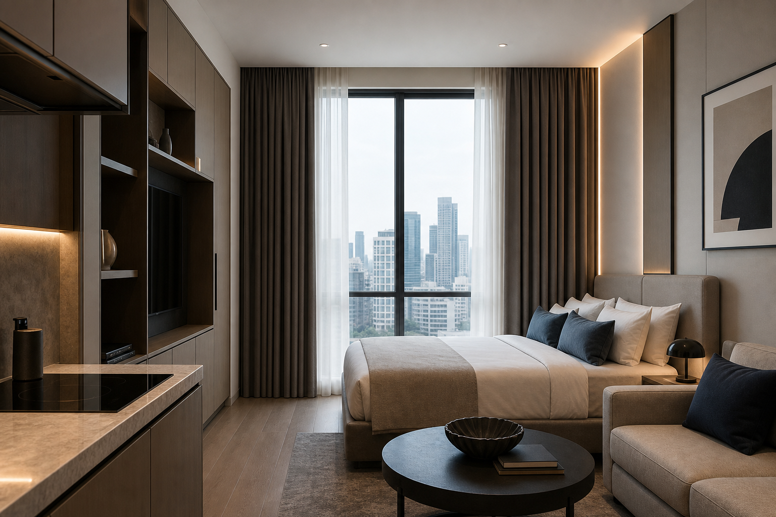 Contemporary serviced apartment bedroom with blackout curtains and city view