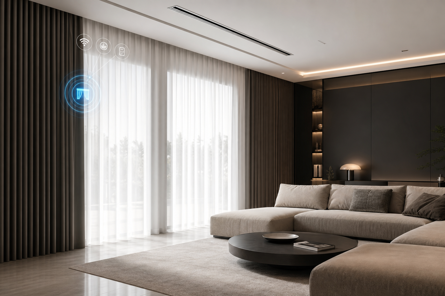 Smart home living space with motorized layered curtains for automated shading and thermal comfort