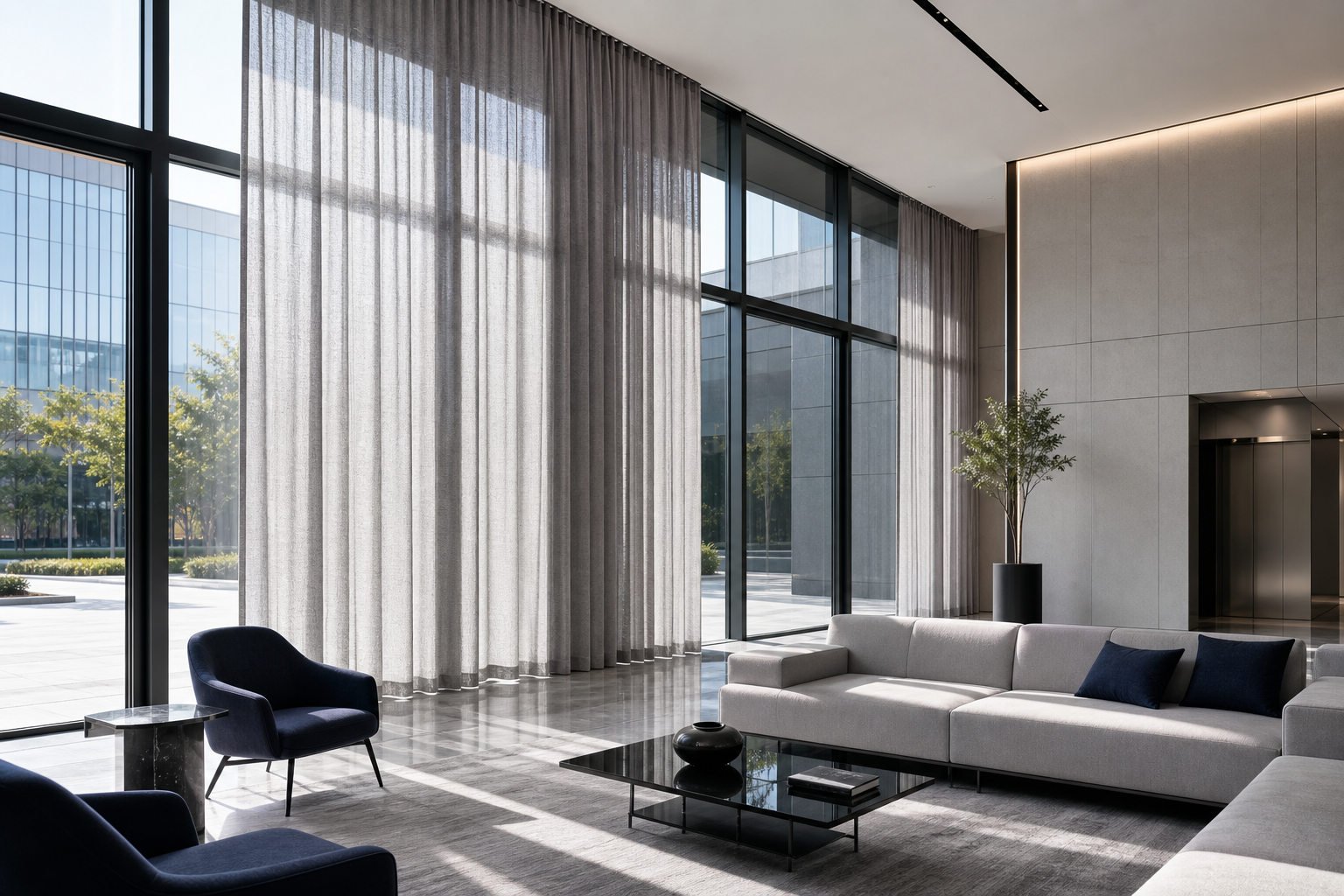 Sunlit glass-fronted lobby with soft gray curtains reducing glare and heat in a modern commercial interior