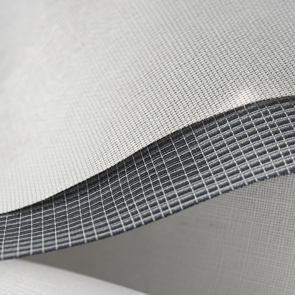 Refined close-up of functional curtain fabric weave showing layered technical texture