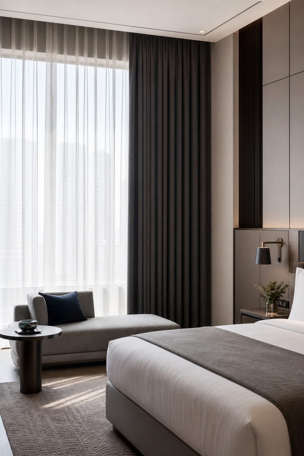 Hotel guest room with layered blackout curtains and sheer drapery in a calm premium interior