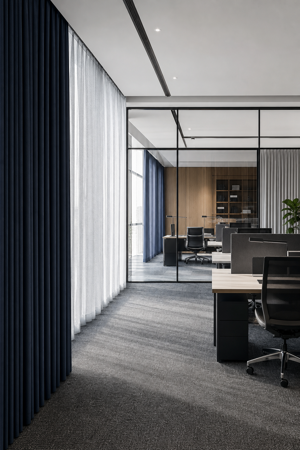 Modern office interior with full-height curtains, clean lines, and daylight-balanced workspace