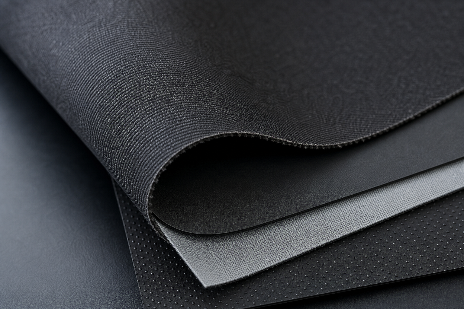 Detailed macro of deep graphite antibacterial blackout textile with dense multilayer core and smooth face