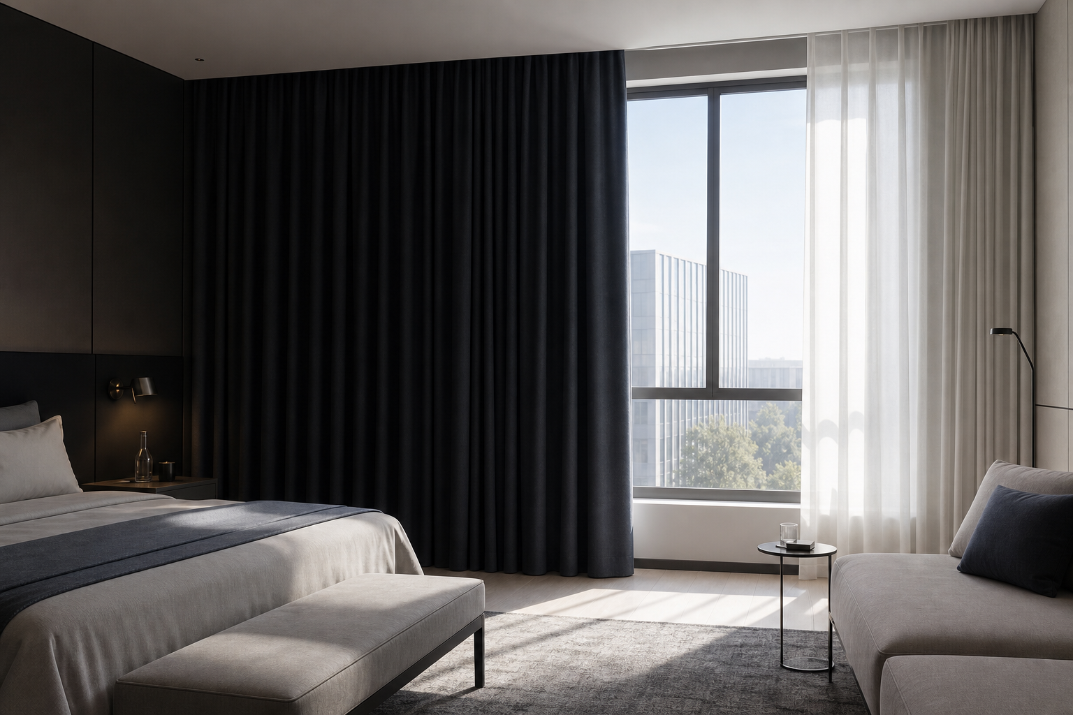 Blackout Effect test scene showing window curtains reducing strong daylight in a modern room