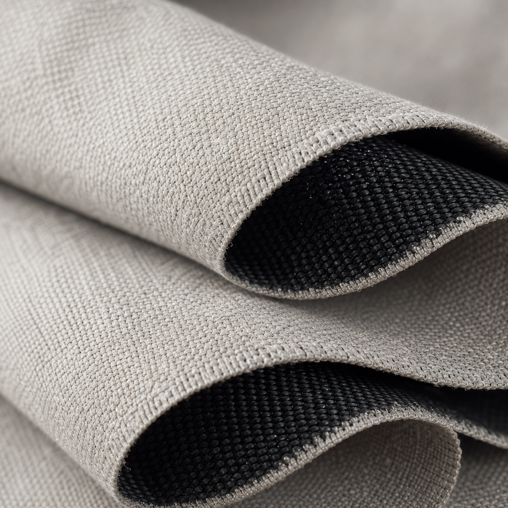 Fabric Structure close-up of folded blackout textile showing dense layered weave and black-yarn core