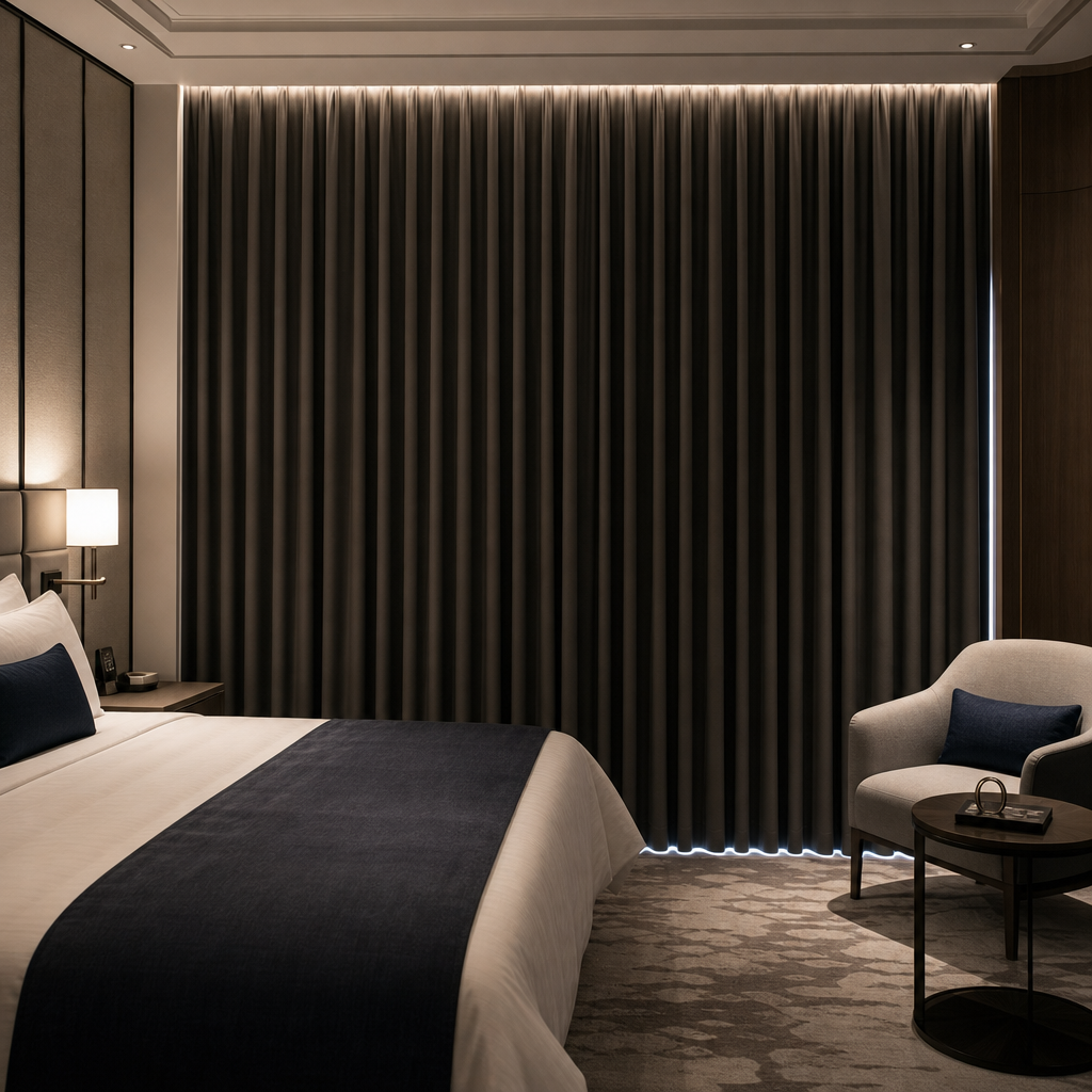 Installed Application image of blackout curtains in a premium hotel-style bedroom interior