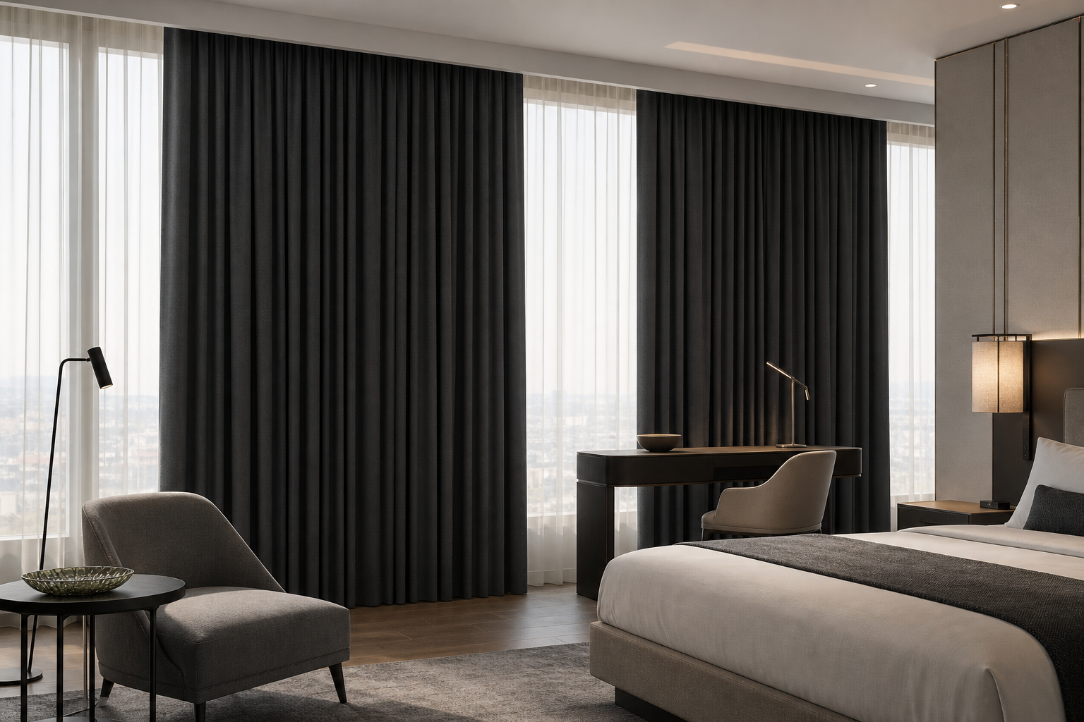 Premium hotel suite interior with full-height blackout curtains drawn across large windows