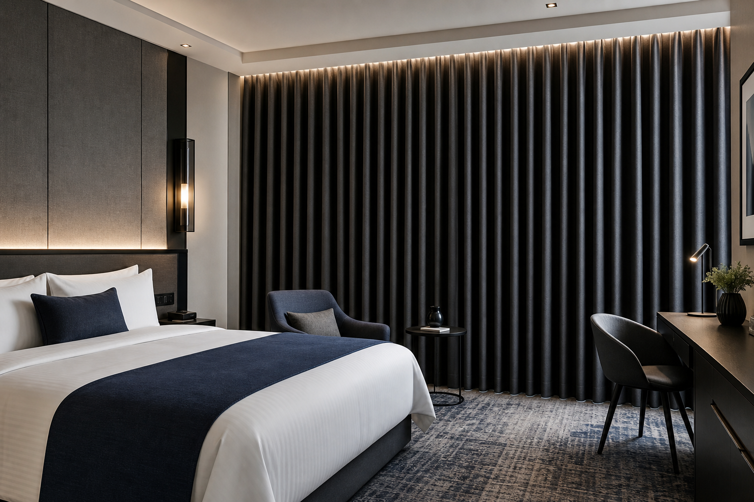 Premium hotel-style guestroom with a large floor-to-ceiling window and full blackout curtain system closed for complete light blocking