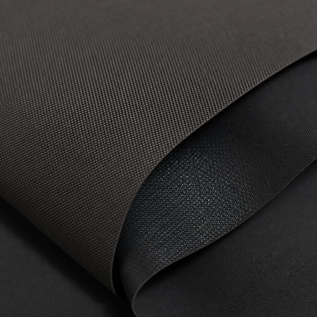 Close-up coated blackout fabric texture showing dense backing layer and woven face