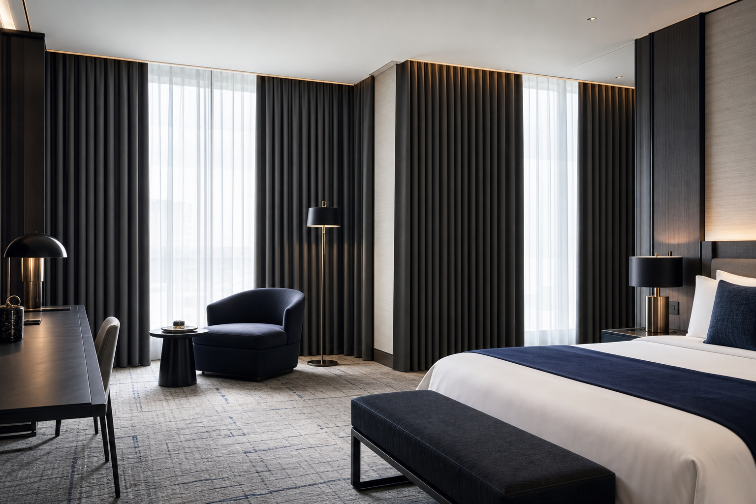 Premium hotel interior with floor-to-ceiling blackout curtains across large window walls