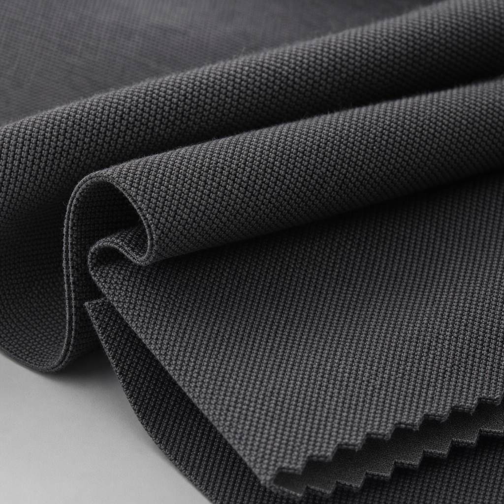 Close-up of dense charcoal reinforced curtain fabric with tight anti-snag weave and pet-claw resistant surface
