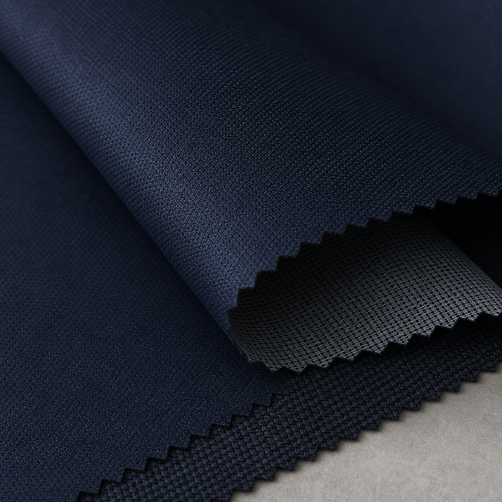 Detailed texture of deep navy heavy-duty curtain textile with layered core and scratch-tolerant matte finish