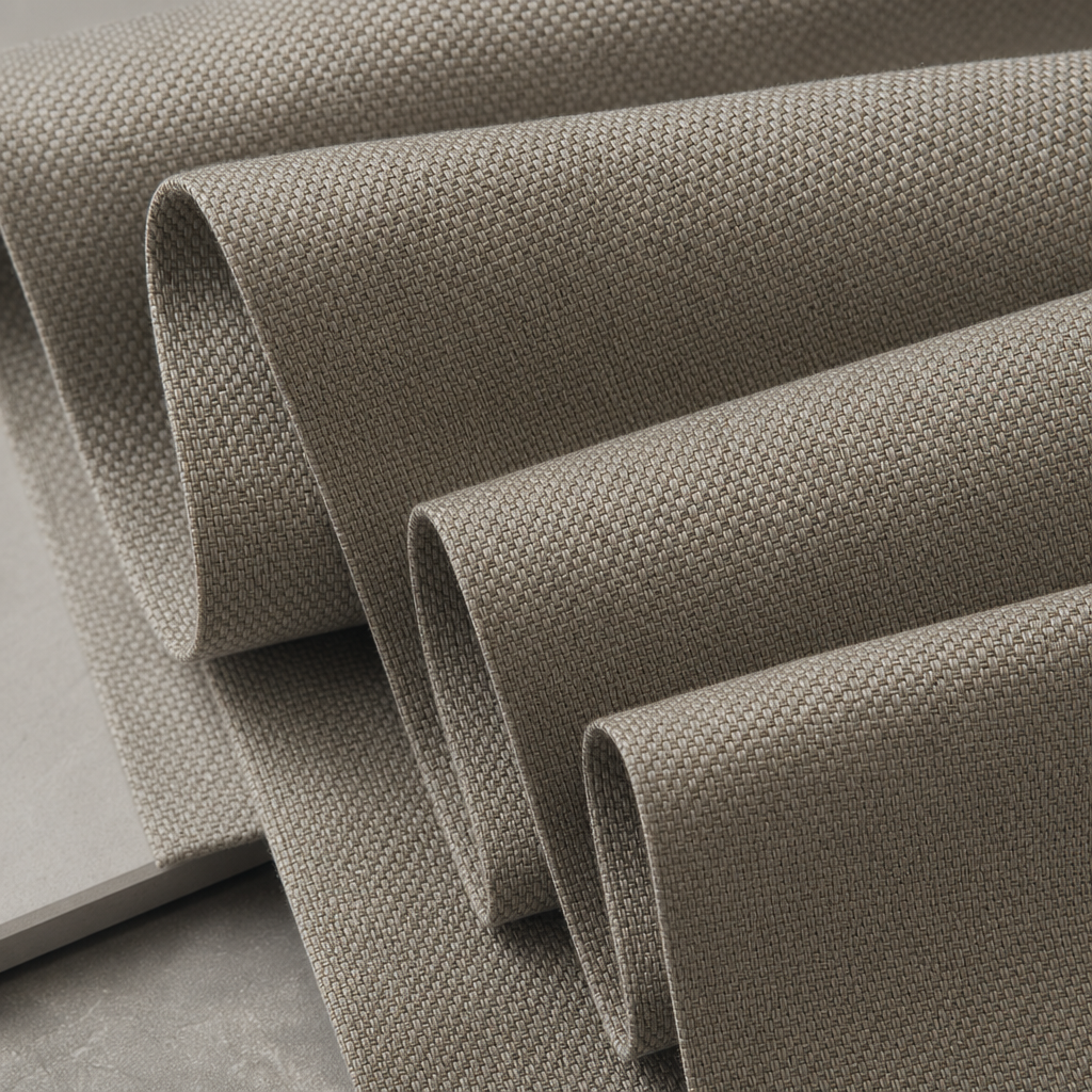 Macro view of warm stone-gray textured performance drapery with reinforced basket weave for long-term wear resistance