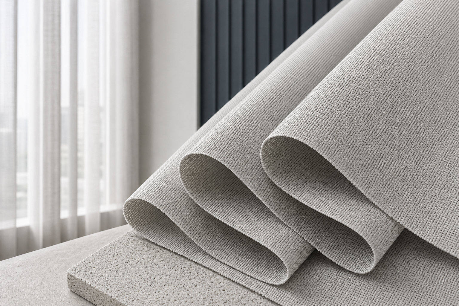 Multi-functional FR sunscreen curtain fabric in light stone gray with crisp plain-weave texture