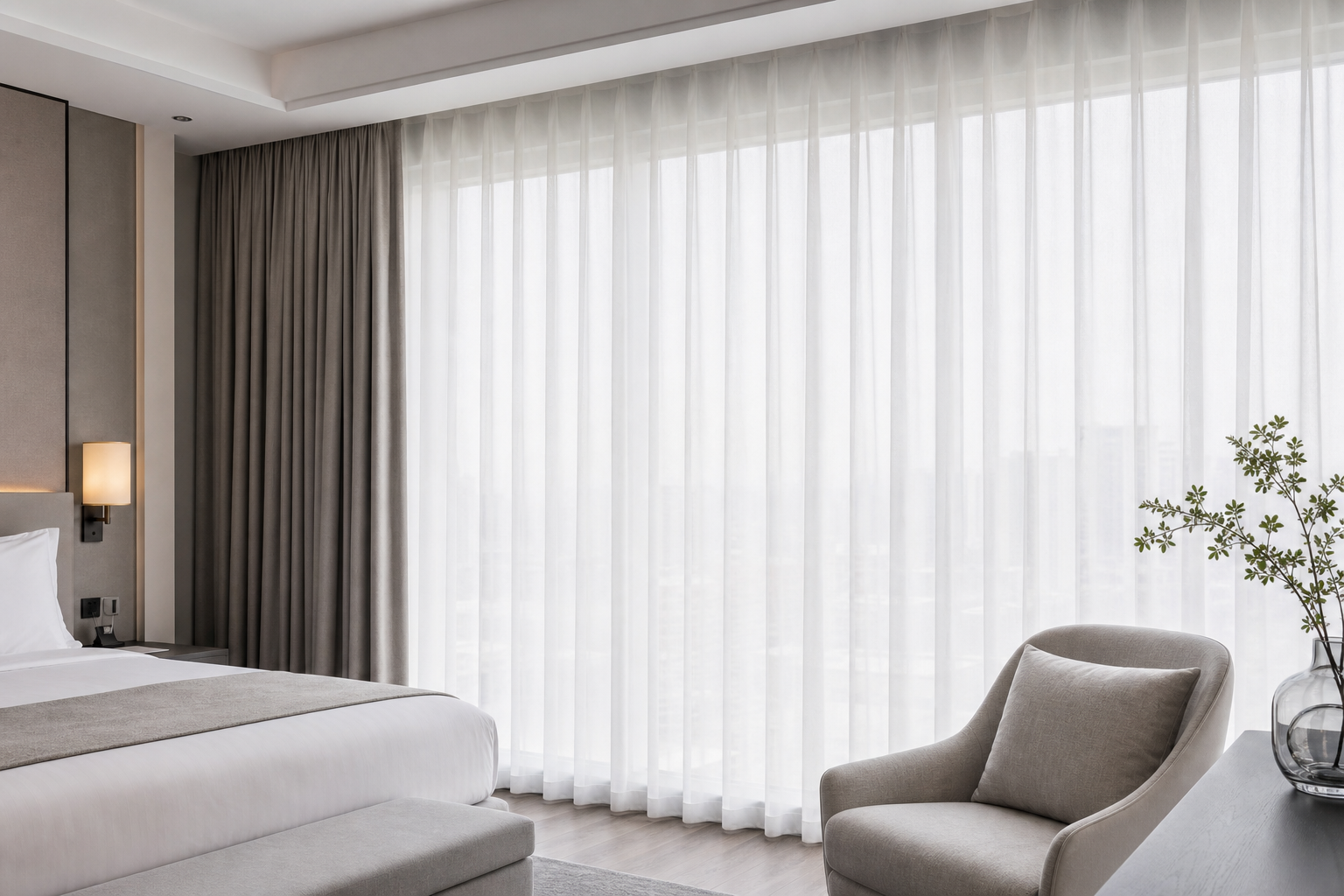 Sheer IFR curtains in a premium hotel guest room with soft daylight filtering through tall windows