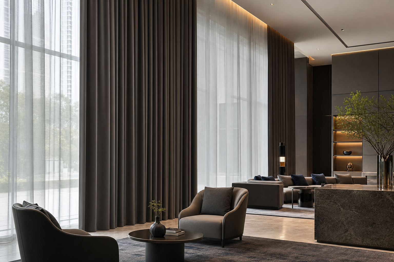 Upscale commercial interior with full-height flame-retardant drapery in deep neutral tones, showing elegant installation scale and clean architectural lines