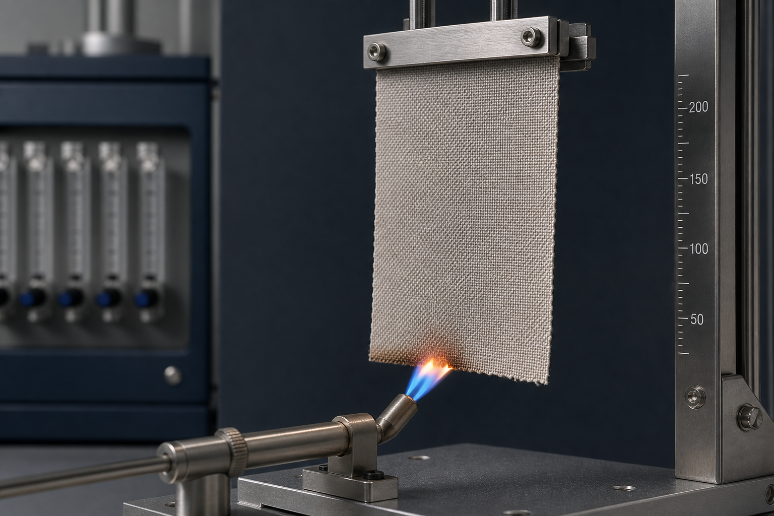 Controlled flame-retardant curtain fabric burn test in a clean textile lab setup, showing a mounted fabric specimen under a small calibrated test flame with precise technical instrumentation and safe professional presentation