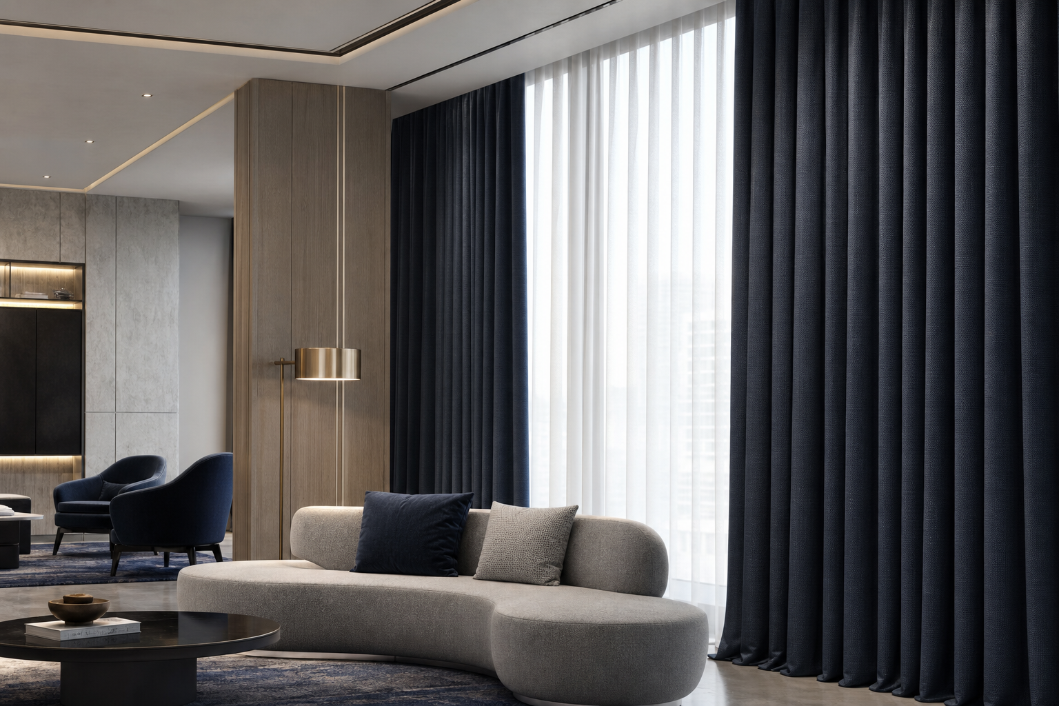 Premium hospitality or office curtain installation with tailored drape