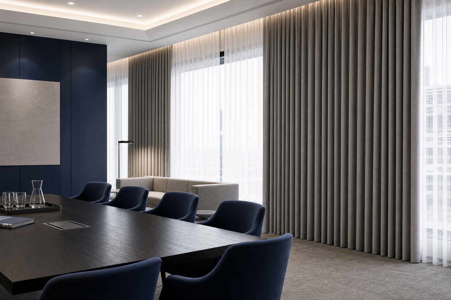 Commercial drapery installation with medium-weight IFR curtains in a modern conference and hospitality setting