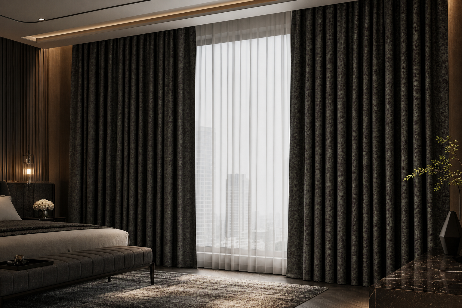 Luxury heavy drapery and blackout curtain setup in an upscale suite with deep textured fabric folds