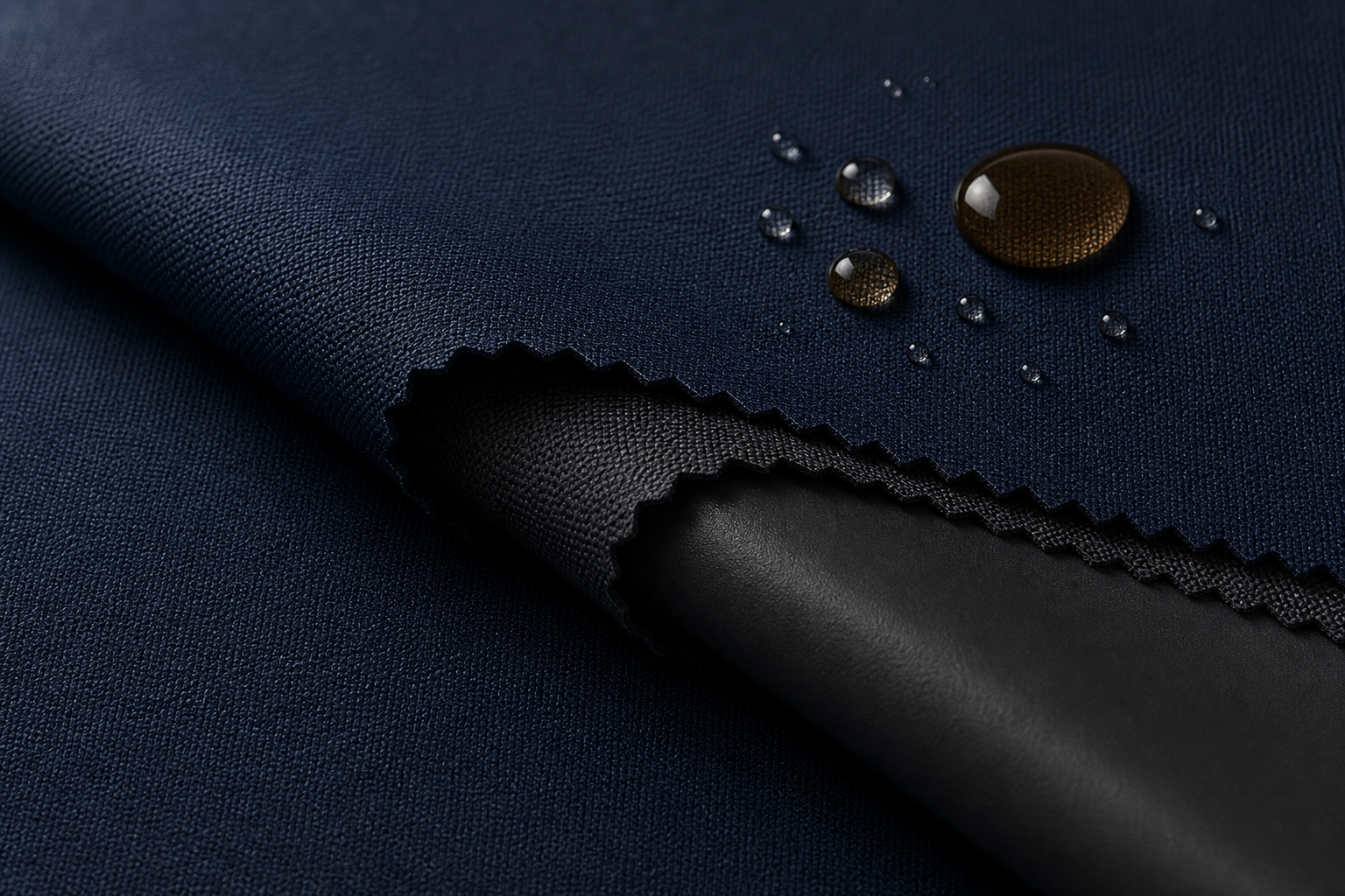 Detailed macro of deep navy three-proof blackout textile with dense structure and protective surface treatment