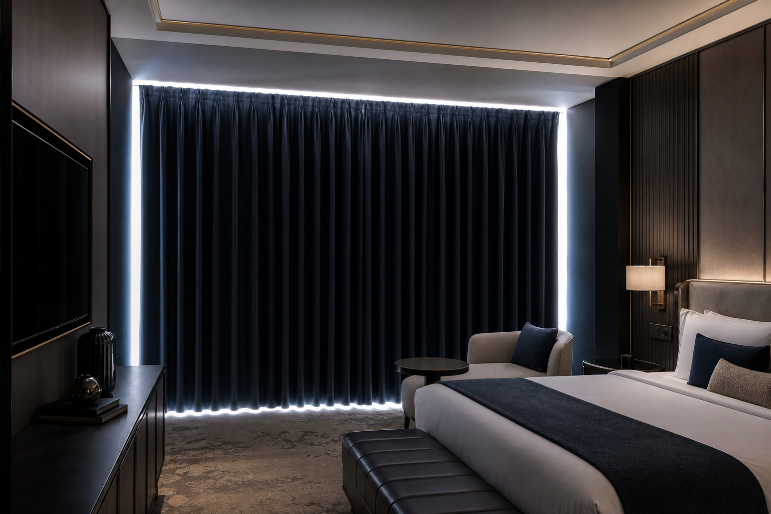 Darkened hotel room with blackout curtains closed, blocking bright daytime window light