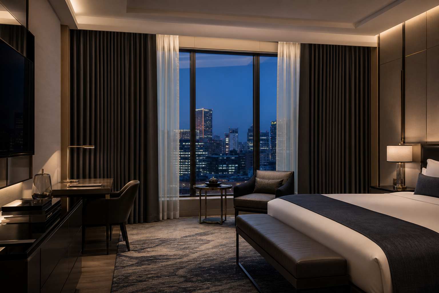 Installed premium interior with tailored curtains in a luxury hospitality suite