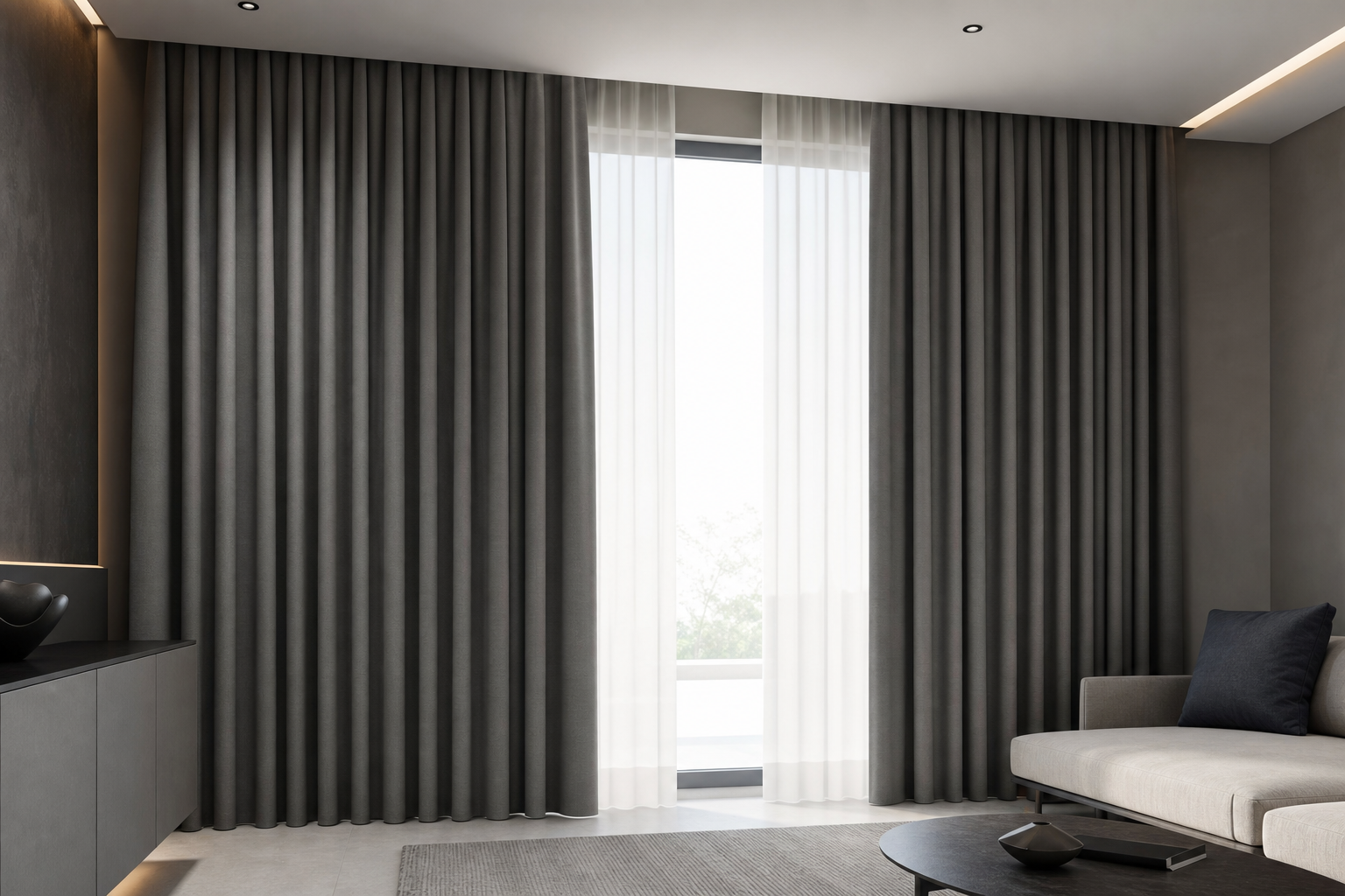 Fabric tailored into full-length curtains showing fold depth, drape flow, fullness, and front surface appearance